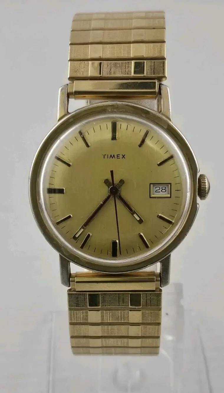 Mens Vintage 1977 Timex Manual Wind Watch Rare Gold Dial New Band Runs